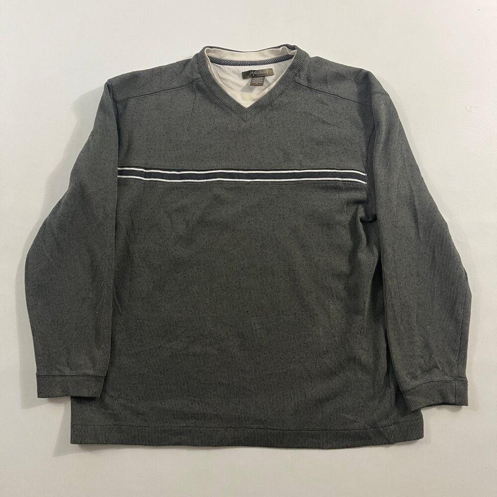 Vintage Y2K Method Gray Ribbed Chest Stripe V-Neck Long Sleeve Shirt XL